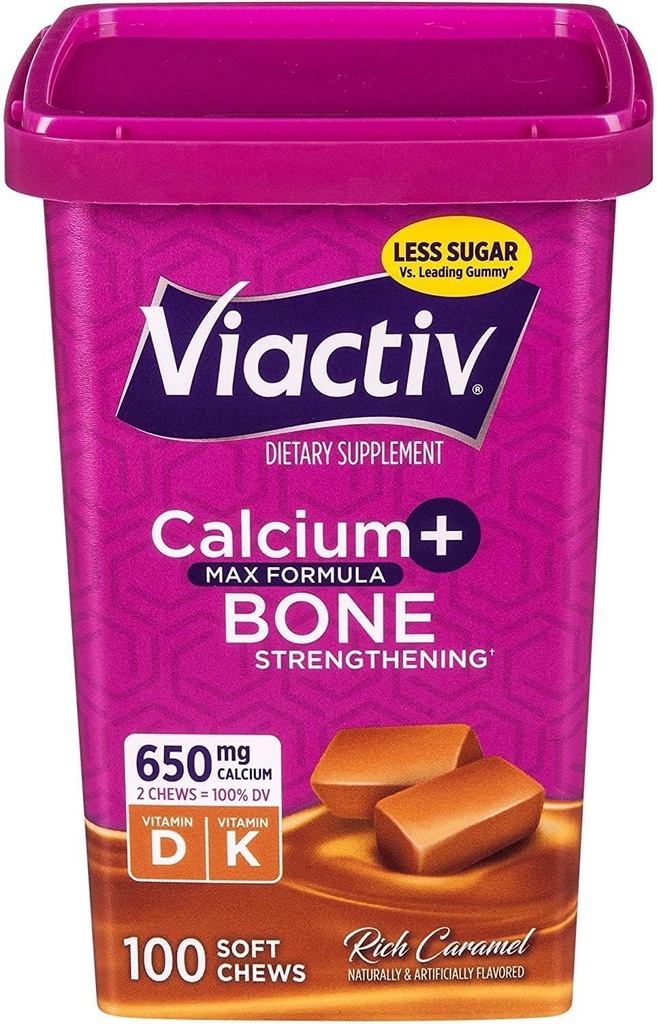Viactiv Max Formula Calcium +Vitamin D3 Supplement for Bone Health, Rich Caramel, 100 Soft Chews