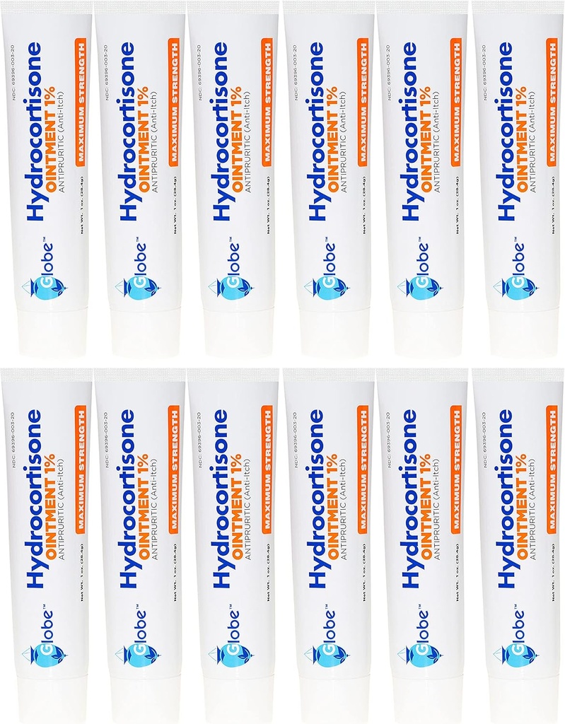 Globe Hydrocortisone 1% Maximum Strength Transparent Ointment 1 oz | Anti-Itch Ointment for Redness, Swelling, Itch, Rash, Dermatitis, Bug/Mosquito Bites, Eczema, Hemorrhoids & More (12 Pack)