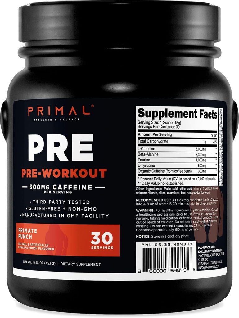Primal Pre-Educate Primate Punch (30 μερίδες) (Tropical Flavored) - Χωρίς γλουτένη & μη ΓΤΟ