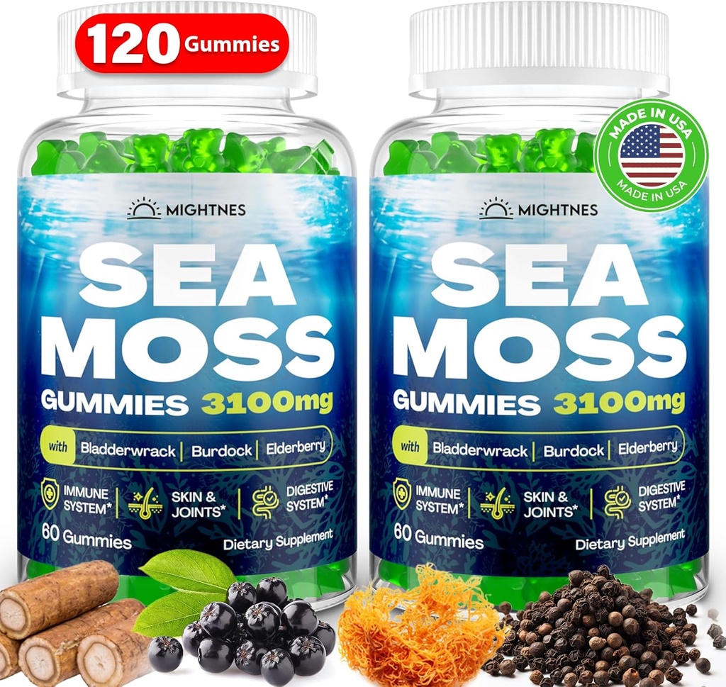 Sea Moss Gummies, 3100mg Irish True Sea Moss Seamoss Gummies for Women & Men with Bladderwrack, Burdock Root, Elderberry Vitamin C και Zinc για Detox Cleanse, Immune, Skin, Digestive, Organic, 120Ct