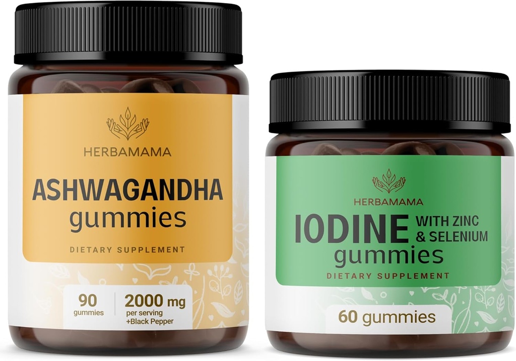 HERBAMAMA Ashwagandha και Iodine Kit - Bundle 2000 mg Ashwagandha Root & Pastium Iodine, Zinc and Selenium Gummies - Vegan, Non-GMO, Gelatin-free - 2 Pack