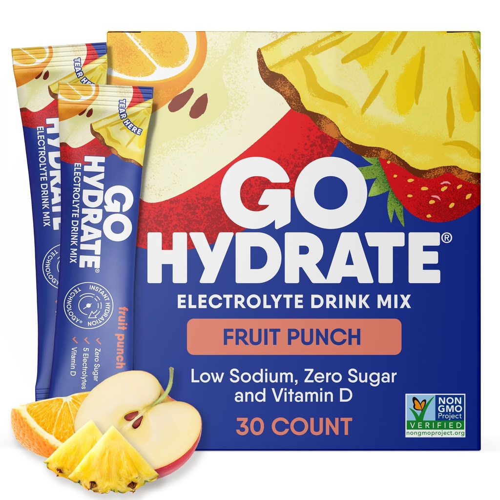 GoHydrate Instant Hydration Powder Packets - Low Sodium Electrolytes Drink Mix - Φυσική Ενυδάτωση Υποστήριξη, Ζάχαρη Δωρεάν Electrolyte Flavored Powder Drink with Vitamin D, 30 Punch Φρούτων