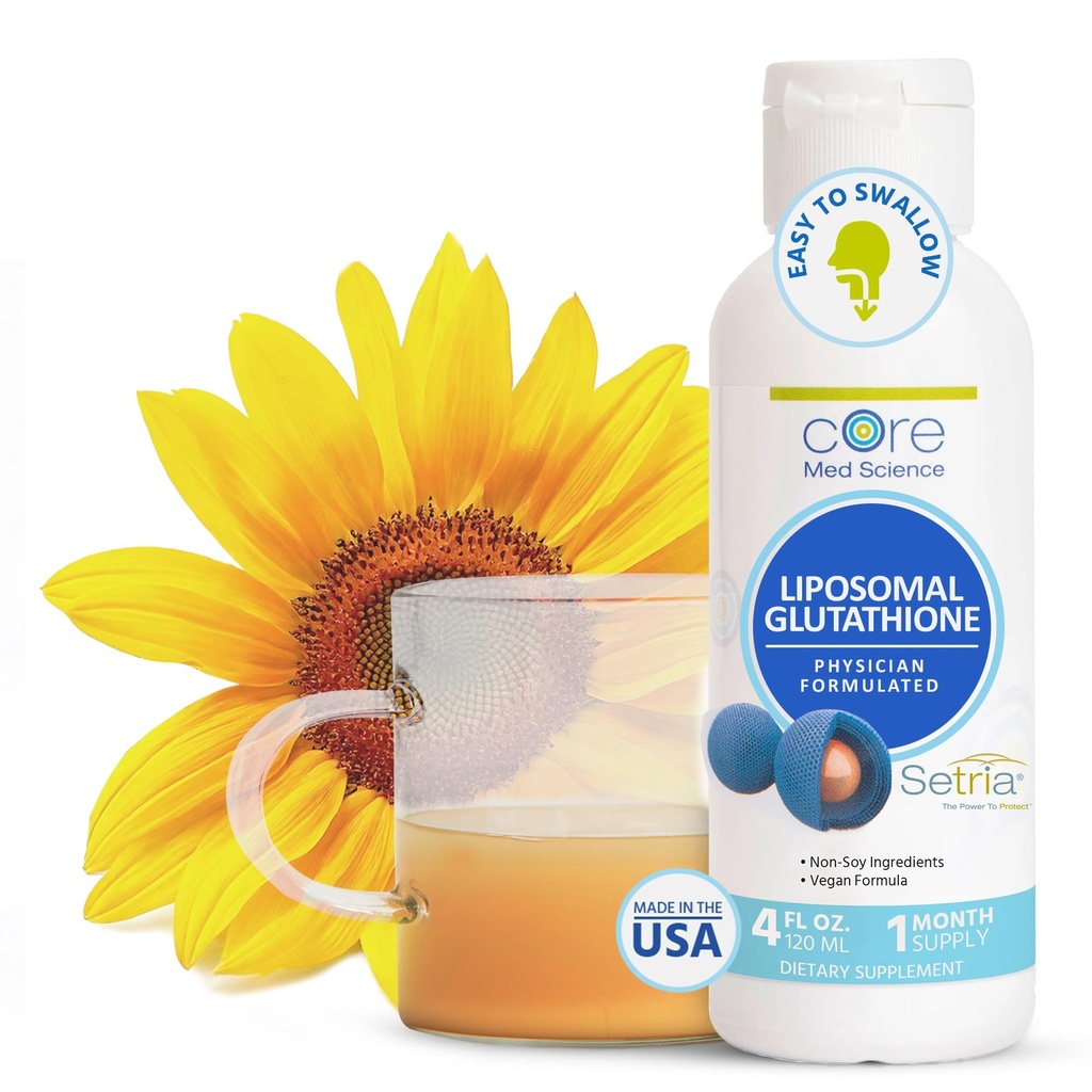 Core Med Science Liposomal Glutathione Liquid Supplement (500mg, 4 Fl Oz) - Pure Μειωμένη Setria με Σύμπλεγμα Φωσφολιπιδίων - Αντιοξειδωτικό συμπλήρωμα για την ενέργεια, την υγεία του εγκεφάλου, το δέρμα και το συκώτι