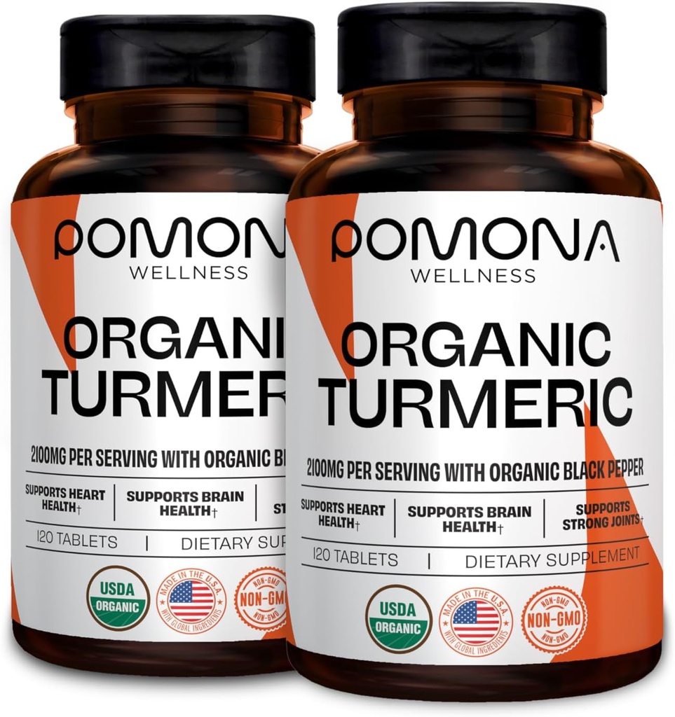 Pomona Wellness Organic Turmeric Supplement 2100 mg, USDA Organic, Non-GMO, Vegan, Turmeric Curcumin με Μαύρο Πιπέρι για Απορρόφηση, για Κοινή Υποστήριξη και Ανοσία, 240 Tablets (2 Pack)