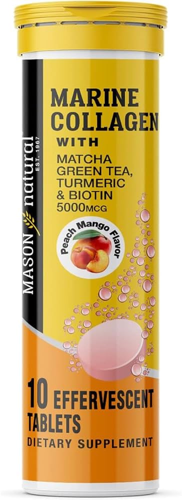 MASON NATURAL Marine Collagen with Matcha Green Tea, Turmeric and Biotin - Υγιή μαλλιά, δέρμα και νύχια και αρθρώσεις, ισχυρό αντιοξειδωτικό, 10 αναβράζοντα δισκία