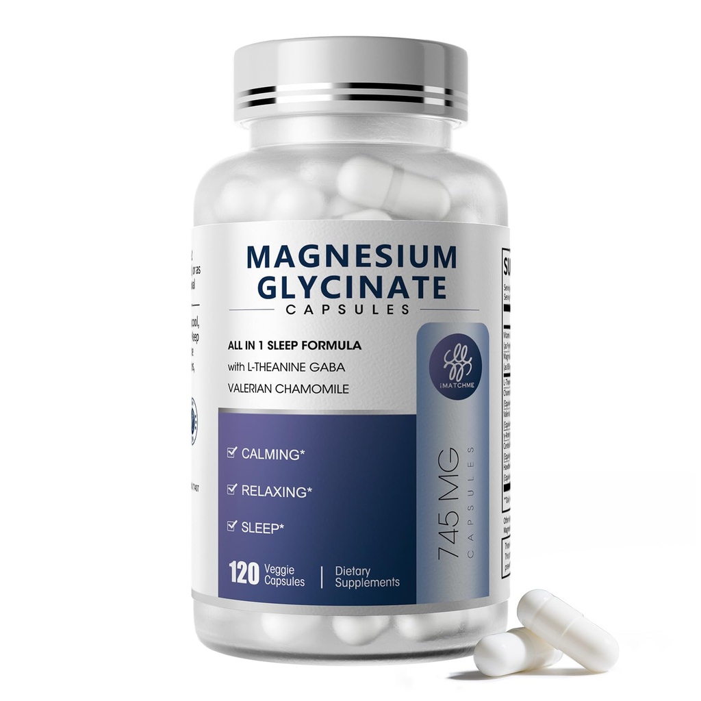 Μαγνήσιο Γλυκινικό 850mg Κάψουλες με L-Θεανίνη, Χαμομήλι & GABA για τον ύπνο, την ηρεμία, τους μυς, την υγεία των οστών & την ανοσοποιητική υποστήριξη, Μαγνήσιο για γυναίκες και άνδρες, Vegan, Υψηλής Απορρόφησης, 120 Count