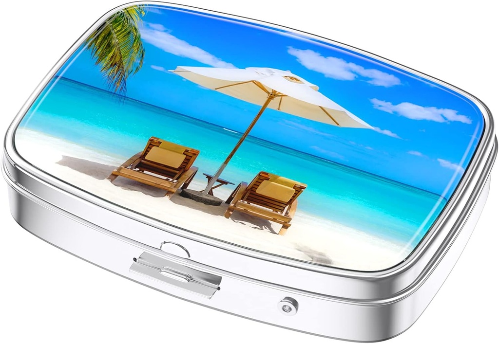 Nipichsha Pill Box, μικρή θήκη χαπιών για το πουρμπουάρ & τσέπη, χαριτωμένο ταξιδιωτική ιατρική Organizer, φορητός κάτοχος εμπορευματοκιβωτίων ιατρικής για να κρατήσει βιταμίνες, φαρμακευτική αγωγή, ιχθυέλαιο & συμπληρώματα, Happy Beach