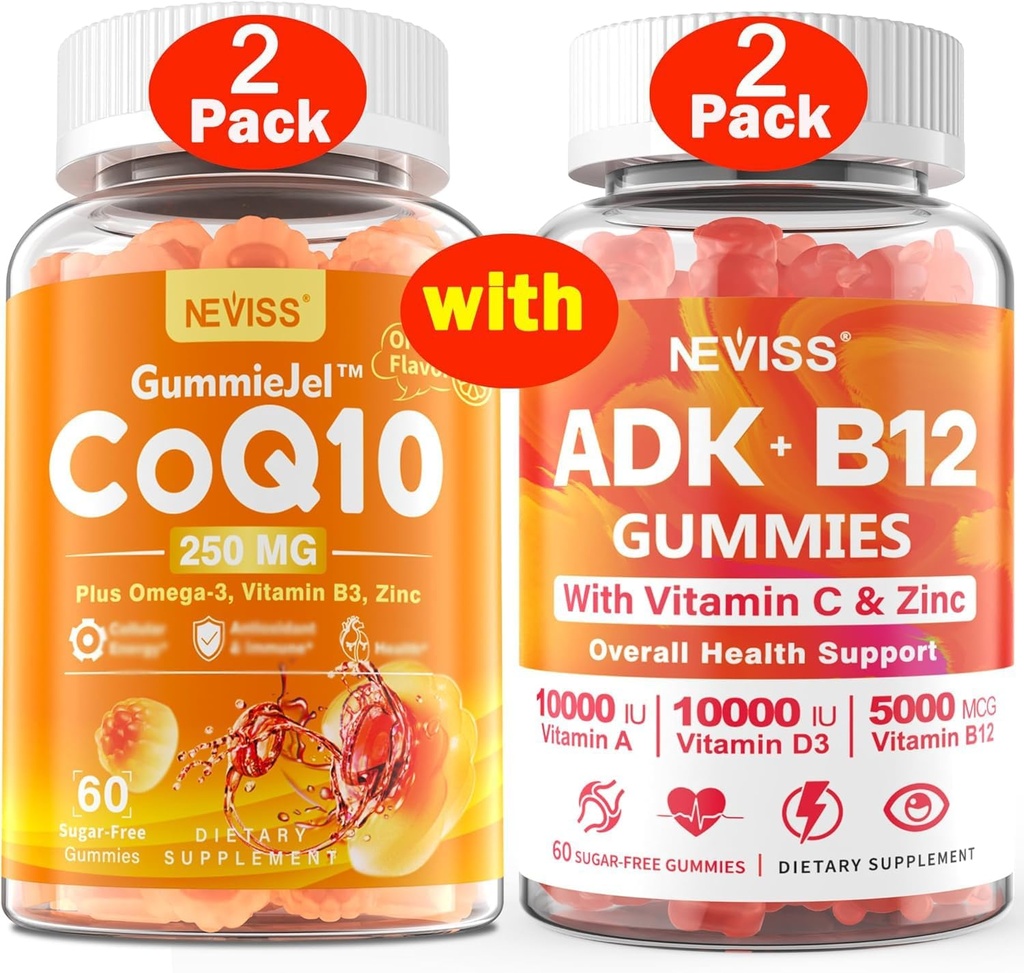 NECISS 2Pack CoQ10-250mg Filled Gummies + 2Pack Vitamin ADK με B12 Gummies