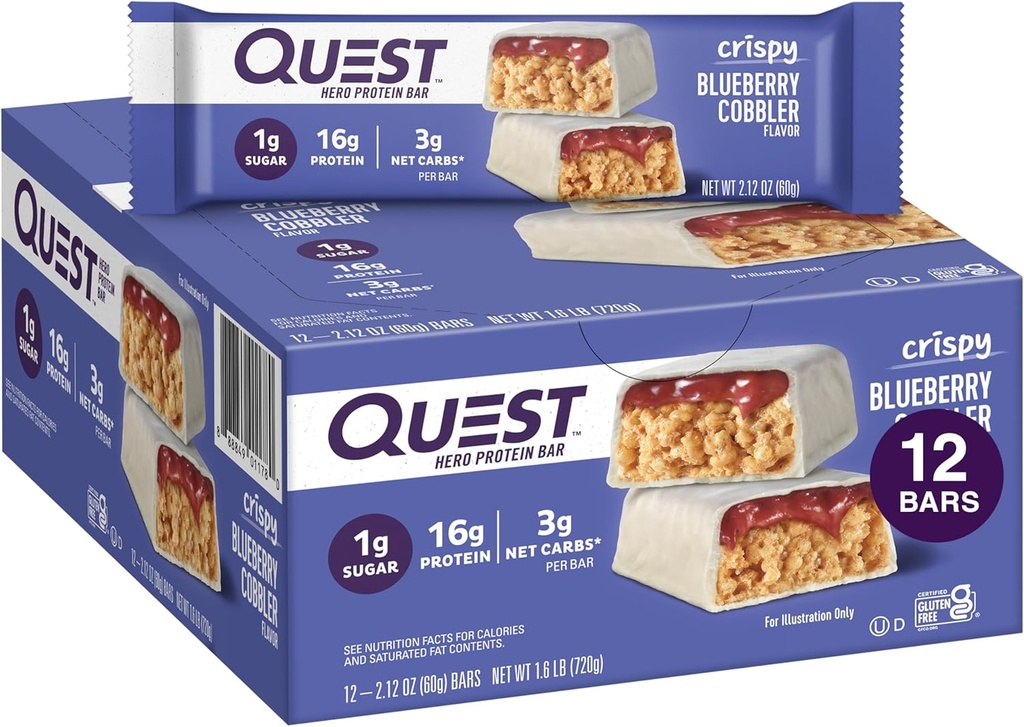 Quest Nutrition Crispy Blueberry Cobbler Hero Protein Bar, 16g πρωτεΐνη, 1g ζάχαρη, 3g καθαρό υδατάνθρακες, χωρίς γλουτένη σνακ πρωτεΐνης, Keto φιλικό, 12 Count
