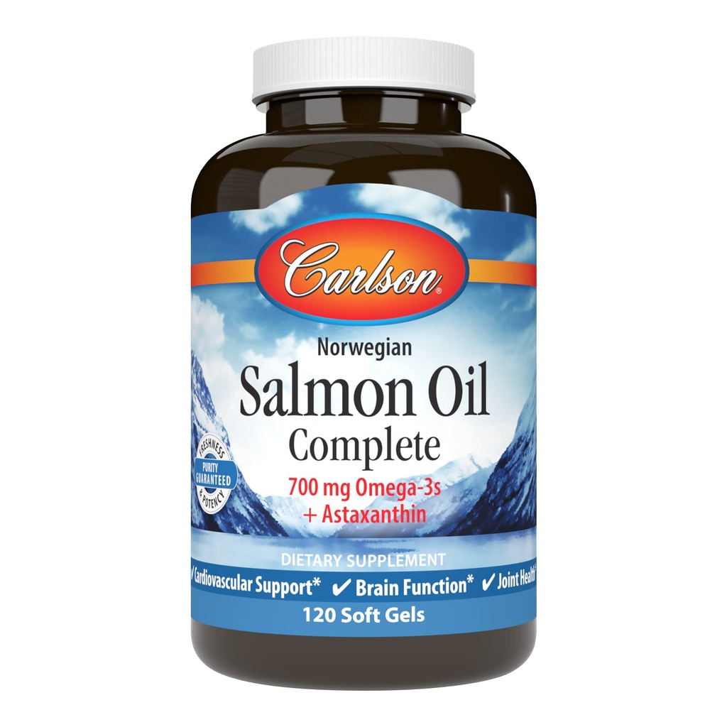 Carlson - έλαιο σολομού Complete, 700 mg Ωμέγα-3s + Ασταξανθίνη, Καρδιαγγειακή Υποστήριξη, εγκεφαλική λειτουργία & κοινή υγεία, 120 μαλακά τζελ