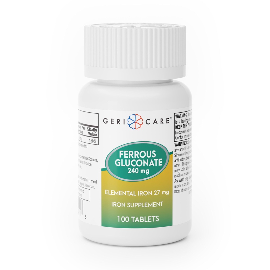 Gericare Iron 27mg Ferrous Gluconate 240mg, Iron & Energy Supplement, 100 Count (Pack of 1)