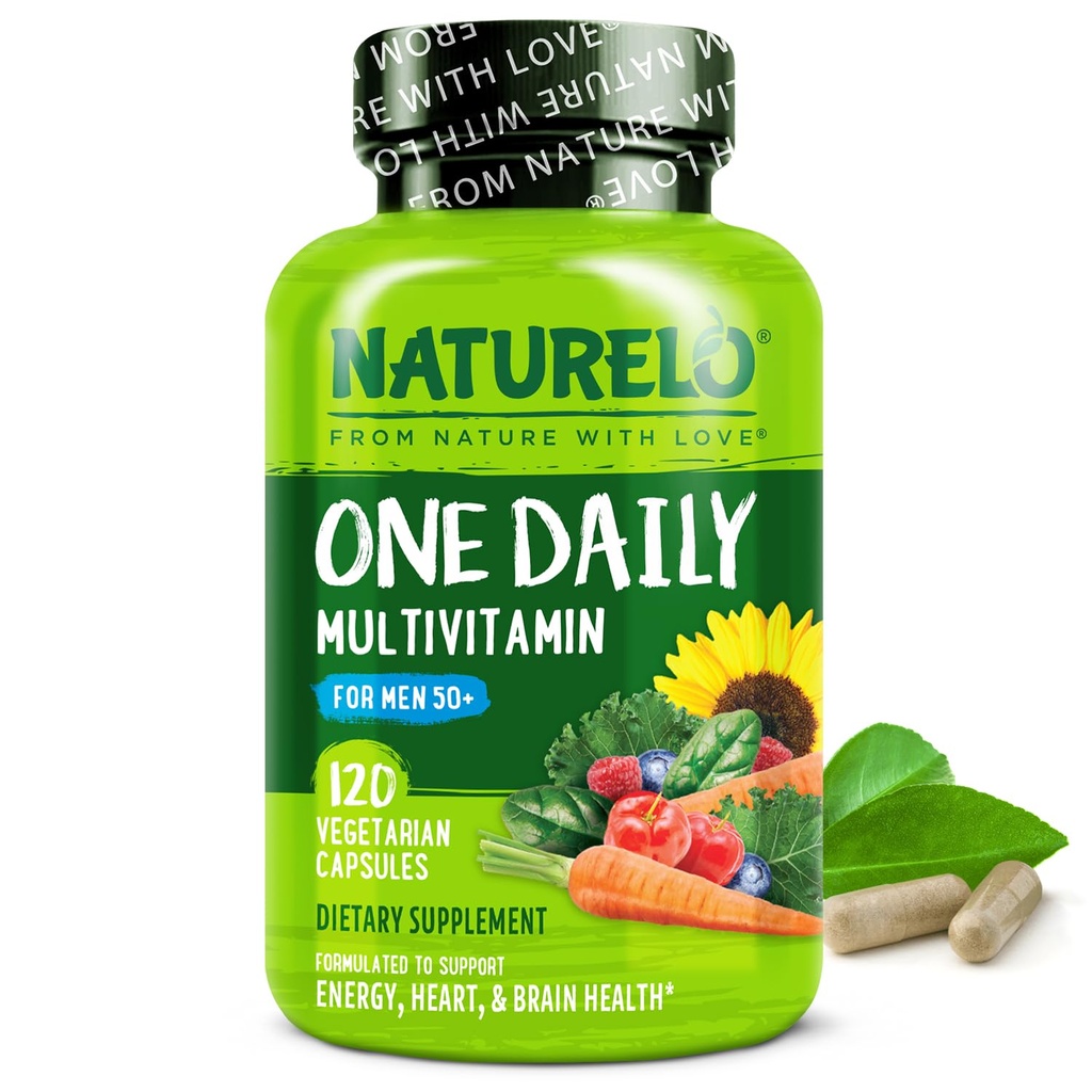 NATURELO Mens Πολυβιταμίνες για Άνδρες 50+ - Μία Καθημερινή Πολυβιταμίνη για Άνδρες με Βιταμίνες, Ορυκτά & Βιολογικά Ολόκληρα Τρόφιμα, Ενίσχυση Ενέργειας & Υγείας, Μη-ΓΤΟ, 120 Καψάκια Χορτοφαγών
