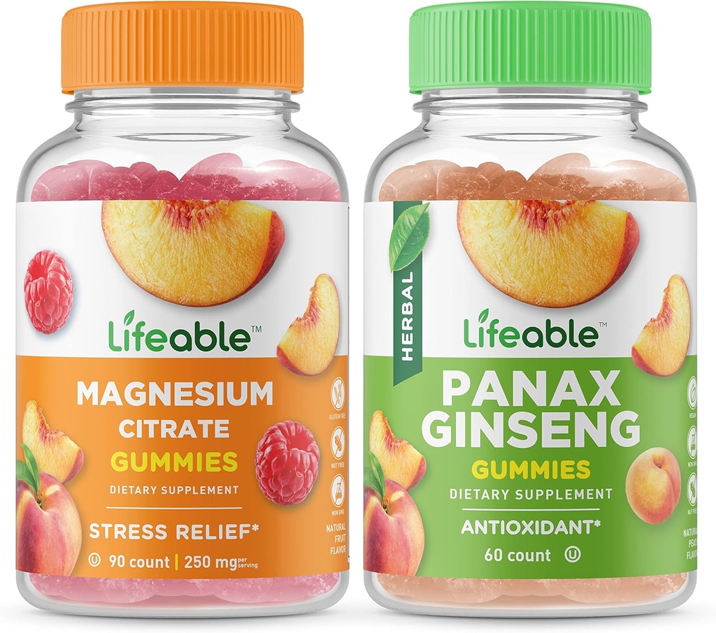 Ζωοποιήσιμο μαγνήσιο 85mg + Panax Ginseng, Gummies Bundle - Μεγάλη γεύση, συμπλήρωμα βιταμίνης, χωρίς γλουτένη, GMO δωρεάν, Μασώμενη Gummy