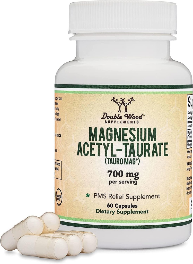 Μαγνήσιο Acetyl-Taurate (ATA MG, TauroMag) Μυθιστόρημα και πατενταρισμένο μορφή μαγνησίου για PMS και Cramp Relief (60 κάψουλες, 350mg) PMS Relief Magnesium Supplement by Double Wood Supplements
