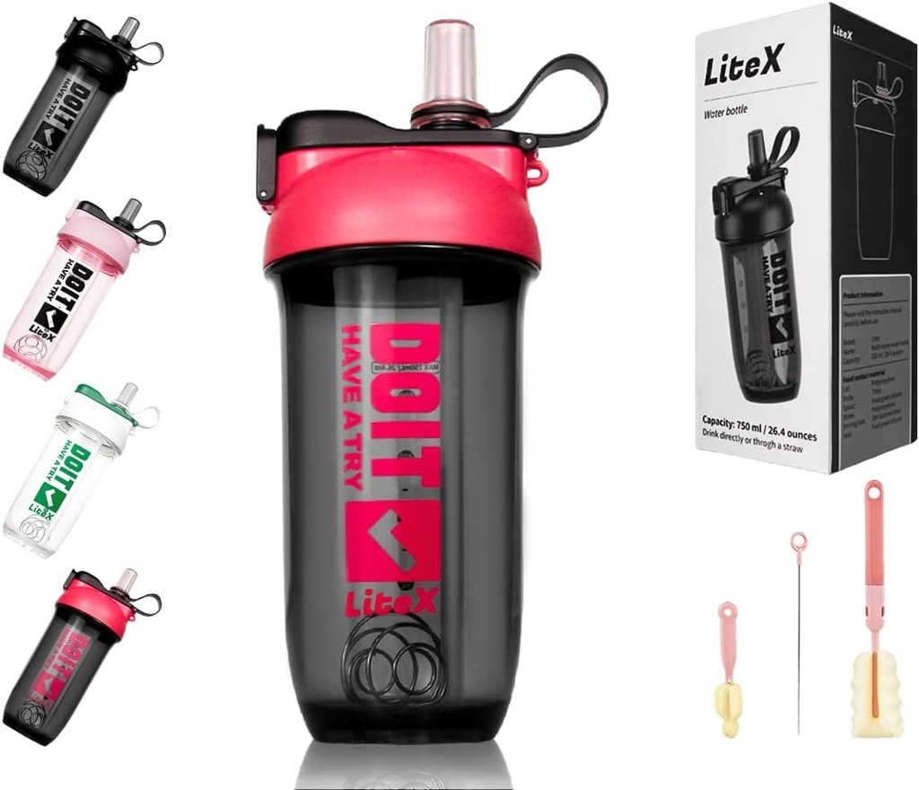 Litex Shaker Φιάλες για Ανακινήσεις Πρωτεΐνης, 26oz Blender Shakeer Μπουκάλι για Προ-εξεργασία, Shakeer Cups με Straw, BPA-free Tritan Mixer Φιάλες για Σκόνη Πρωτεΐνης, με Brush Κύπελλο και Οδηγίες (Rose κόκκινο)