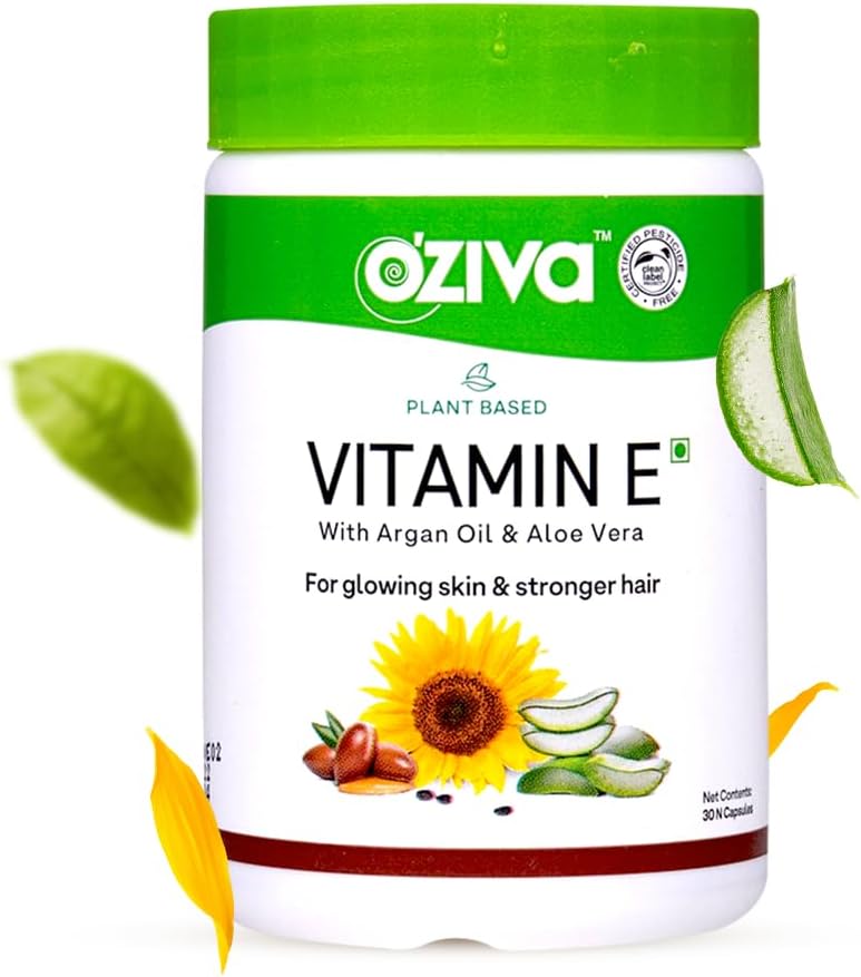 OZiva Plant Based 100% Φυσική Βιταμίνη Ε + Αλόη Βέρα + Λάδι Argan για Λαμπερό Δέρμα & Ισχυρότερα Μαλλιά, 30 κάψουλες Veg, Μη ΓΤΟ