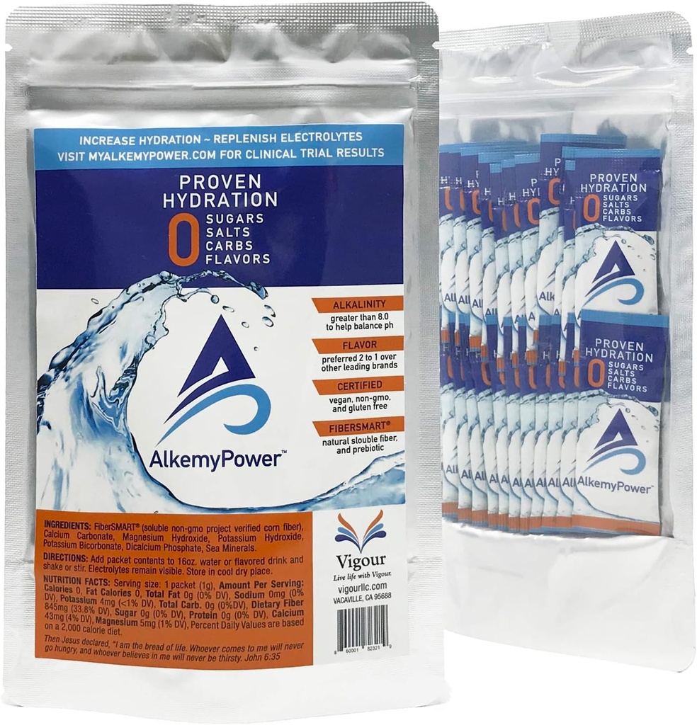 AlkemyPower™ Hydration Electrolyte Powder, No Sugars, Salts, Carbs, Flavors or Calories, 100% Natural, Convenient Stick Pack, 30 Count