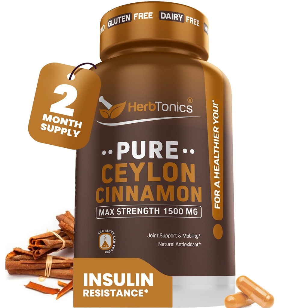 Herbtonics Pure Ceylon Cinnamon Capsules | Immune System, Healthy Weight Management | Non-GMO, Gluten Free | 1500 Mg - 120 Capsules