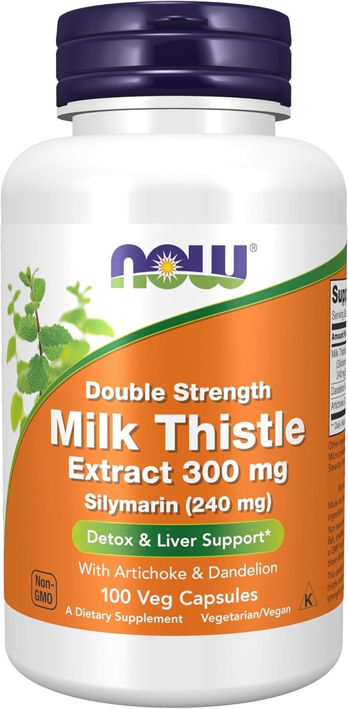 NOW Foods Supplements, Silymarin Milk Thistle Extract 300 mg with Artichoke and Dandelion, Double Strength, Supports Liver Function*, 100 Veg Capsules