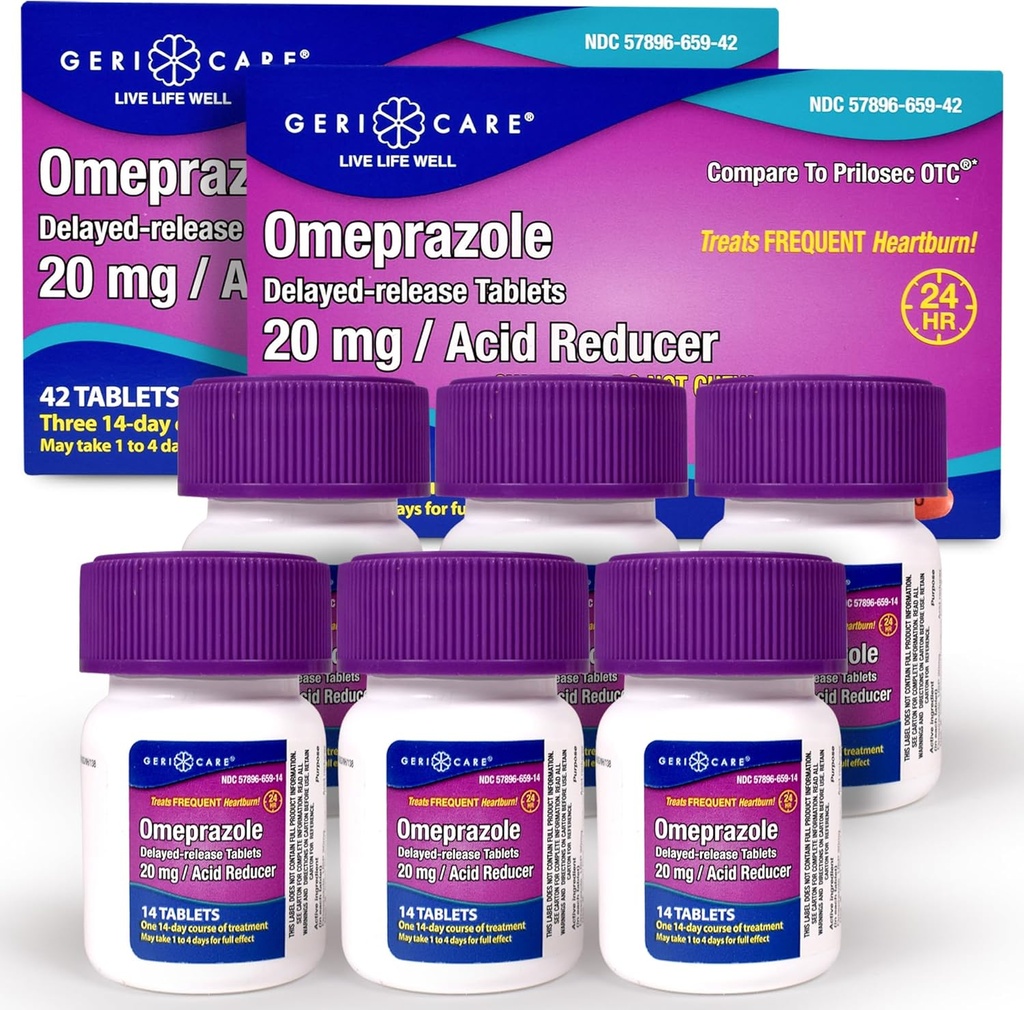 GeriCare Omeprazole Delayed Release Tablets 20mg Stomach Acid Reducer Pills for 24 Hour Heartburn Relief- Acid Reflux Medicine to Treat Frequent Heartburn- Anti-Acid Relief Tablets 42 Count (2 Pack)