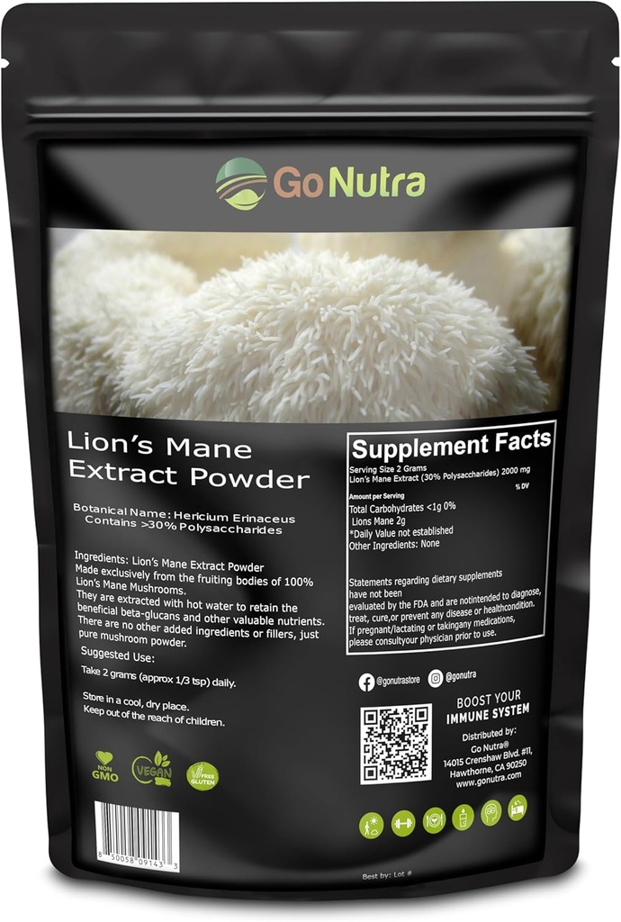 Go Nutra - Mane Powder Lion’s, Potent 10:1 Mane Mushroom Powder με 30% πολυσακχαρίτες, Pure Lion’s Mane Extract for Tea, Juice, Water, and More, Non-GMO, Vegan, 8 oz