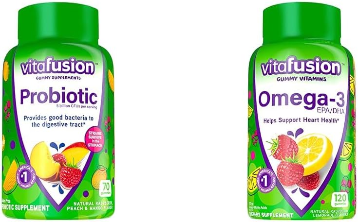 Vitafusion Probiotic Gummy Συμπληρώματα, Βατόμουρο, Ροδάκινο και Mango Γεύσεις & Ωμέγα-3 Gummy Βιταμίνες, Berry Λεμονάδα Γεύση, Καρδιά Υγεία Βιταμίνες(1) με Ωμέγα