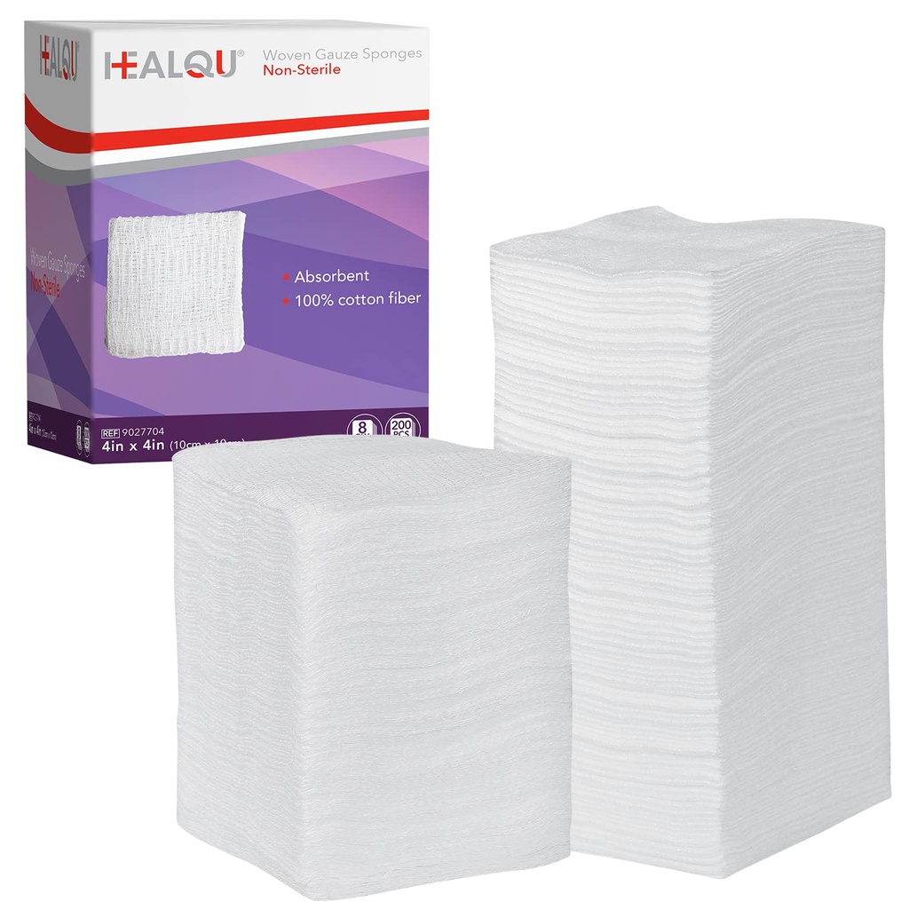 HEALQU 4x4 Gauze Pads - 12 Ply Υφασμένη συσκευασία των 200 - Ultra Απορροφητικό Μαλακό Μη-Στείρο Χειρουργικά Σφουγγάρια για το ντύσιμο, αποσυναρμολόγηση, καθαρισμό και προετοιμασία τραύματος