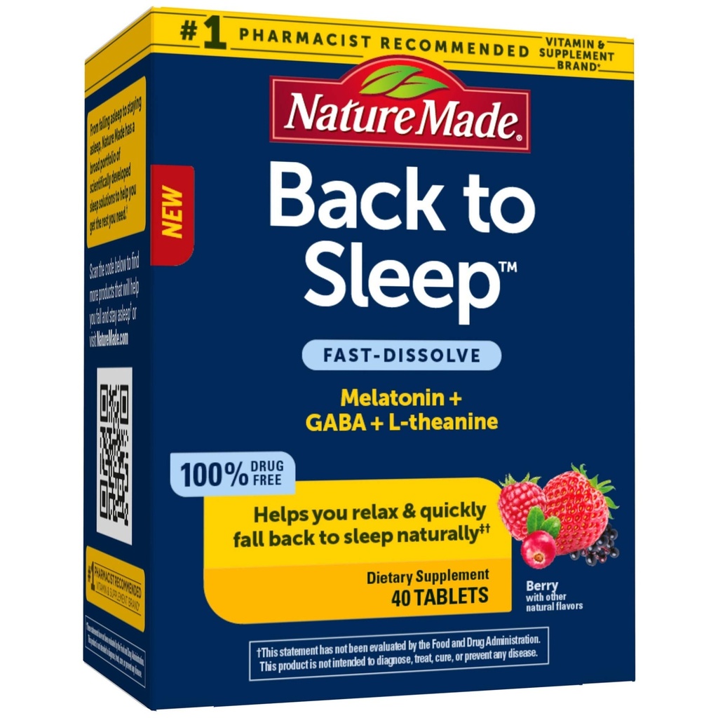 Nature Made Back to Sleep, Melatonin Fast-Dissolve, σας βοηθά να πέσετε πίσω στον ύπνο Φυσικά, L-Θεανίνη και GABA για να βοηθήσει να χαλαρώσετε και να ηρεμήσει το μυαλό σας, 40 δισκία