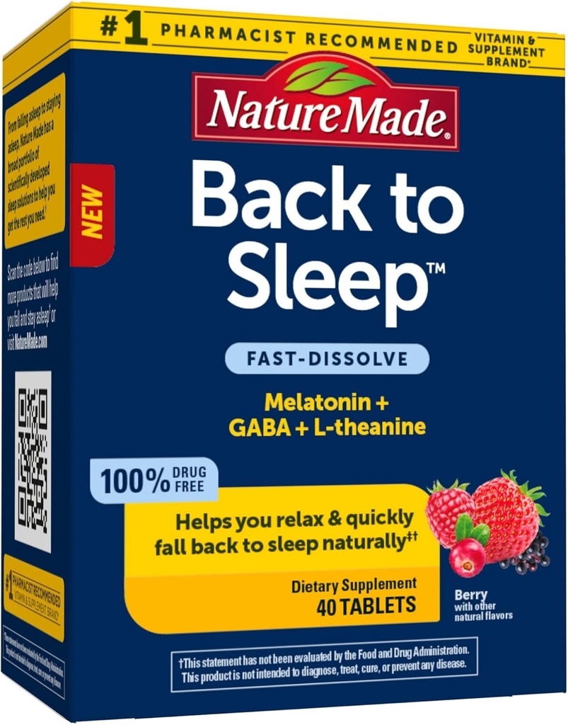 Nature Made Back to Sleep, Melatonin Fast-Dissolve, σας βοηθά να πέσετε πίσω στον ύπνο Φυσικά, L-Θεανίνη και GABA για να βοηθήσει να χαλαρώσετε και να ηρεμήσει το μυαλό σας, 40 δισκία