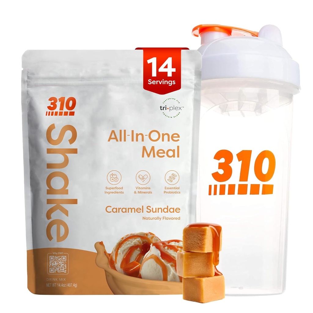 310 Nutrition All-in-One Meal Replacement Shake Powder w/Shaker Cup Starter Kit - Υψηλή πρωτεΐνη Ίνες Πλούσια Vegan Superfood Blend - Χωρίς ζάχαρη, Κέτο & Παλαιό Φιλικό, Χαμηλό Καρμπόν - Caramel Sundae 14 srv
