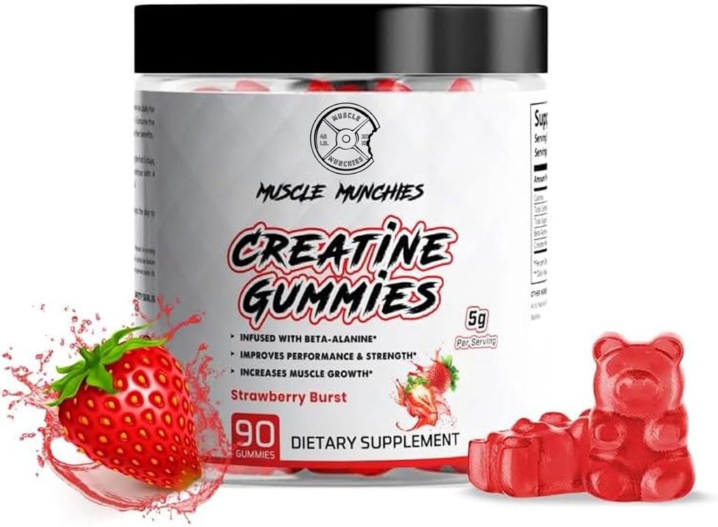 Μυϊκά Μούνχια Creatine Μασώμενα Gummies για άνδρες & γυναίκες-Εμπλουτισμένο με Beta Alanine-5g της Creatine ανά υπηρεσία-αυξάνει τη δύναμη, την αντοχή, & ανάκτηση-Vegan, NonGMO (Strawberry Burst)