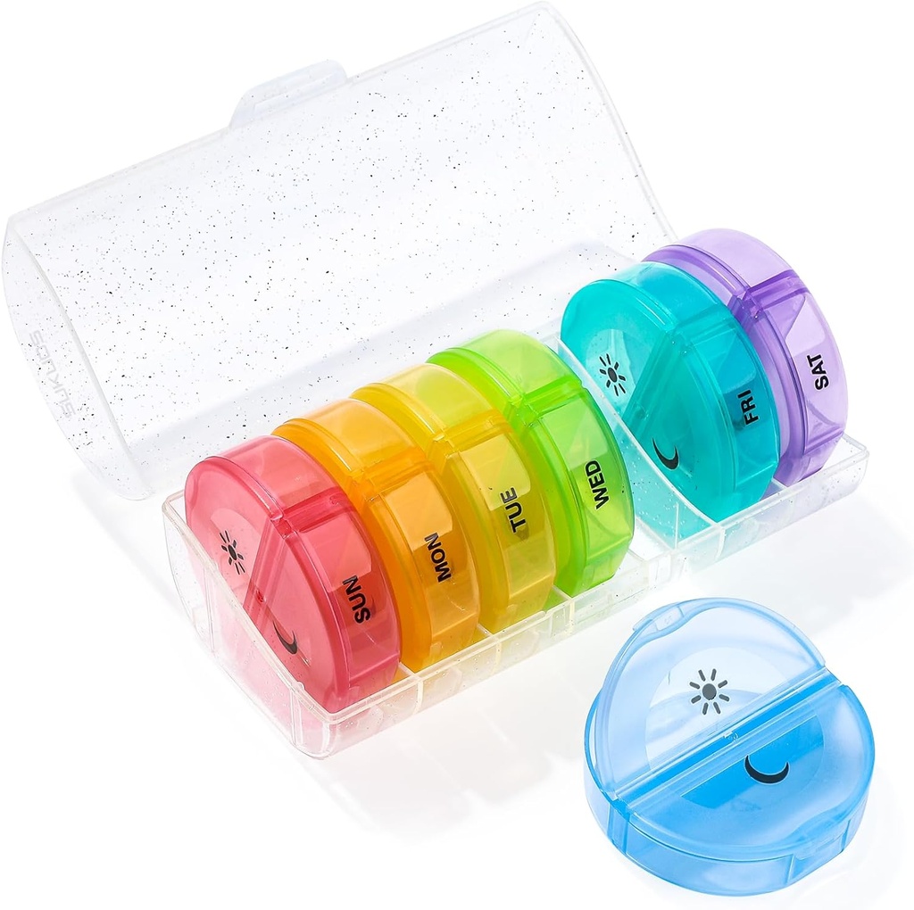 Sukuos Large Weekly Pill Organizer 2 φορές την ημέρα, Daily Pill Box 7 Day Easy to Open with Double Protection, AM Pill Case for Medicine/Vitamin/Fish Oil/Supplements (Glitter Clear)
