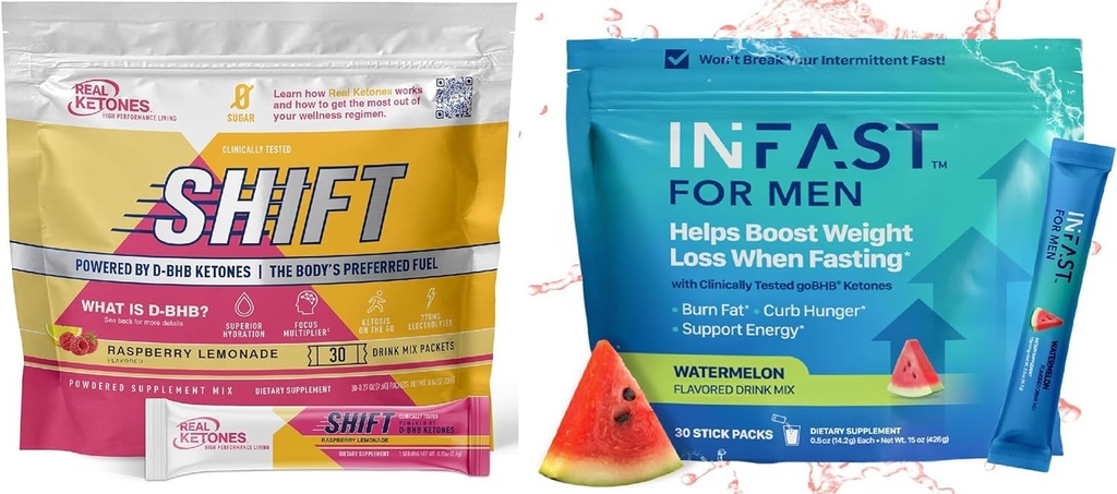 Real Ketones Intermittent Fasting Drink Mix Bundle for Weight Loss Support Raspberry Lemon Shift Electrolytes & Intermittent Fasting Electrolytes for Men with BHB Exogenous Ketones (30 Count Each)