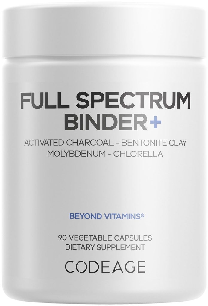 Codeage Binder + Systemic Binder Supplement - Ενεργοποιημένα Χάπια Ανθρακού, Bentonite Clay Mineral Powder, Fulvic & Humic Acids, Μολυβδαίνιο, Carbon Forms - 90 Κάψουλες