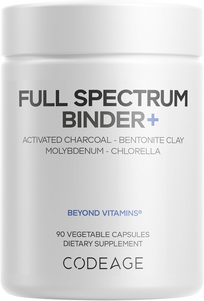 Codeage Binder + Systemic Binder Supplement - Activated Charcoal Pills, Bentonite Clay Mineral Powder, Fulvic & Humic Acids, Molybdenum, Carbon Forms - 90 Capsules