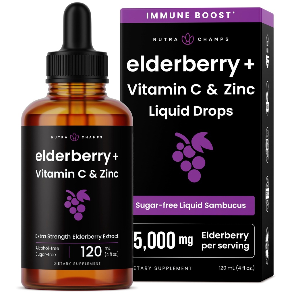 NutraChamps Organic Elderberry Syrup - 5000mg Elderberry Extract with Vitamin C & Zinc - Black Elderberry Liquid Drops - Ανοσία χωρίς ζάχαρη, Vegan, Χωρίς γλουτένη
