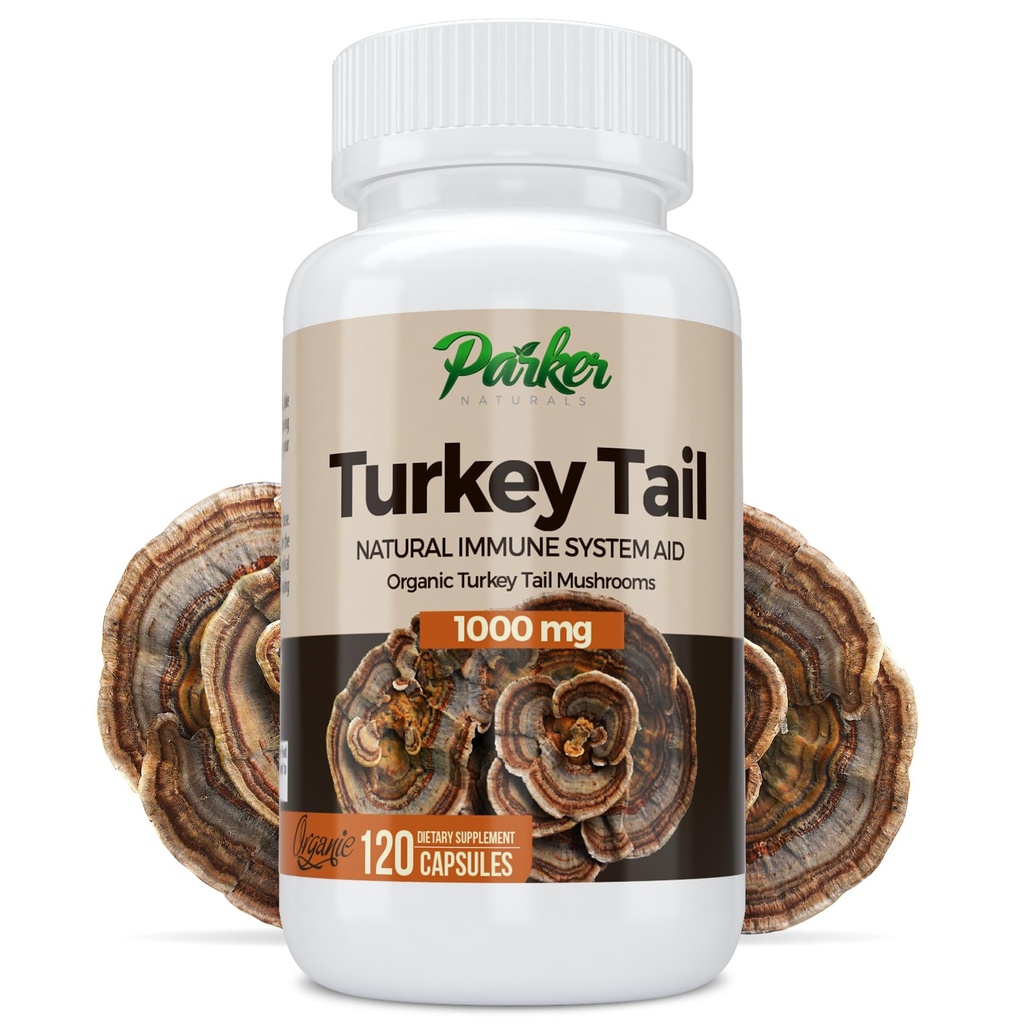 Parker Naturals Turkey Tail Mushroom Capsules - Βιολογικό συμπλήρωμα μανιταριών για την υποστήριξη της υγείας του ανοσοποιητικού συστήματος - 1000 mg Premium συμπλήρωμα μανιταριών - 120 κάψουλες