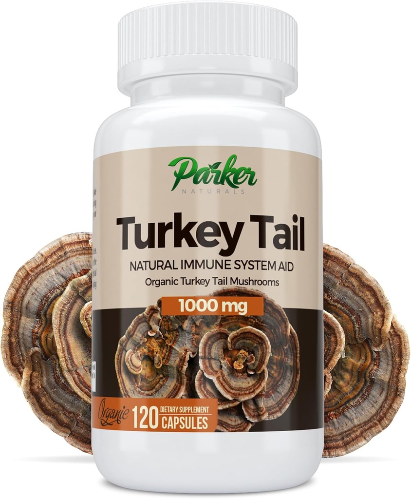 Parker Naturals Turkey Tail Mushroom Capsules - Organic Mushroom Supplement for Immune System Health Support - 1000 mg Premium Mushroom Supplements - 120 Capsules