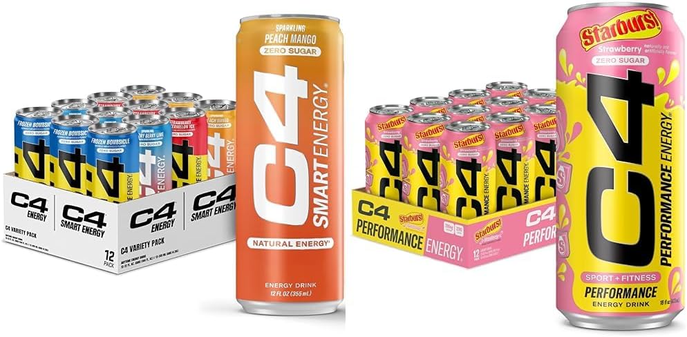 C4 Energy & Smart Energy Drinks Variety Pack, Sugar Free Pre Workout Performance Drink & C4 Energy Drink, STARBURST Φράουλα, Carbonated Sugar Free Pre Workout Performance Drink