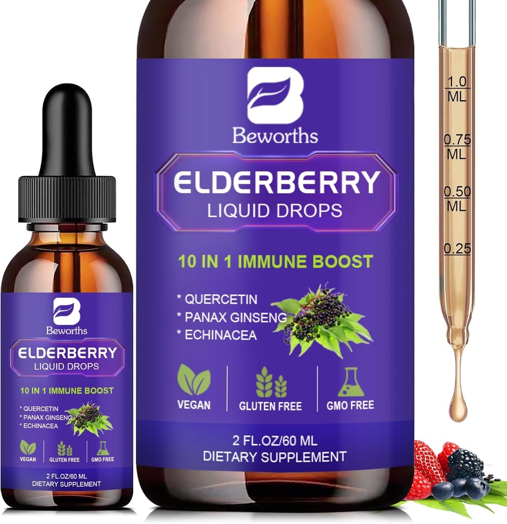 Syrup Elderberry Black Elderberry Drops with Quercetin, Panax Ginseng, βιταμίνη C και ψευδάργυρος, Sambucus Elderberry Syrup Liquid, Vegan, Non-GMO & Gluten Free