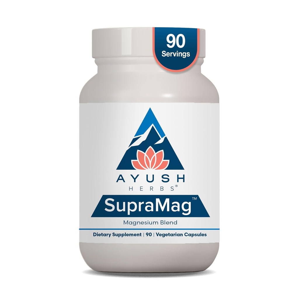 Ayush Herbs SupraMag - Μείγμα μαγνησίου, 400mg Συμπλέγματος μαγνησίου συμπλήρωμα με Χηλικό Διγλυκινικό μαγνήσιο, Κιτρικό, Ορολικό για τον ύπνο, την ενέργεια, & την υγεία του εγκεφάλου - 90 κάψουλες χορτοφάγων (1 Κόμβος)