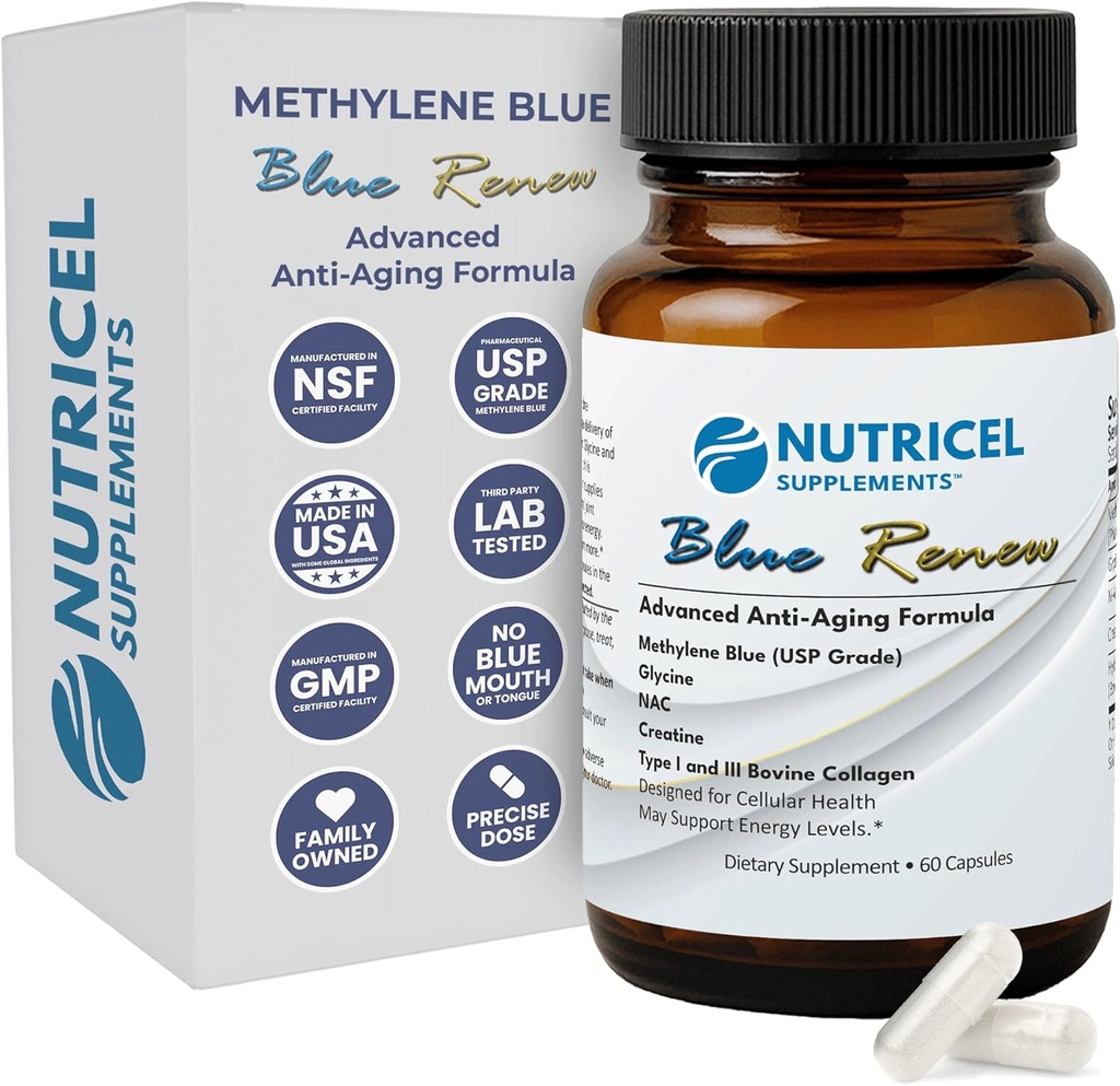 Nutricel Methylene Blue Capses with Added Glycine + NAC (GlyNAC), Collagen, and Createine - Trusted Made in America Brand - 7mg (USP Compliant Αναφοράς) - Third Party Tested (60ct)