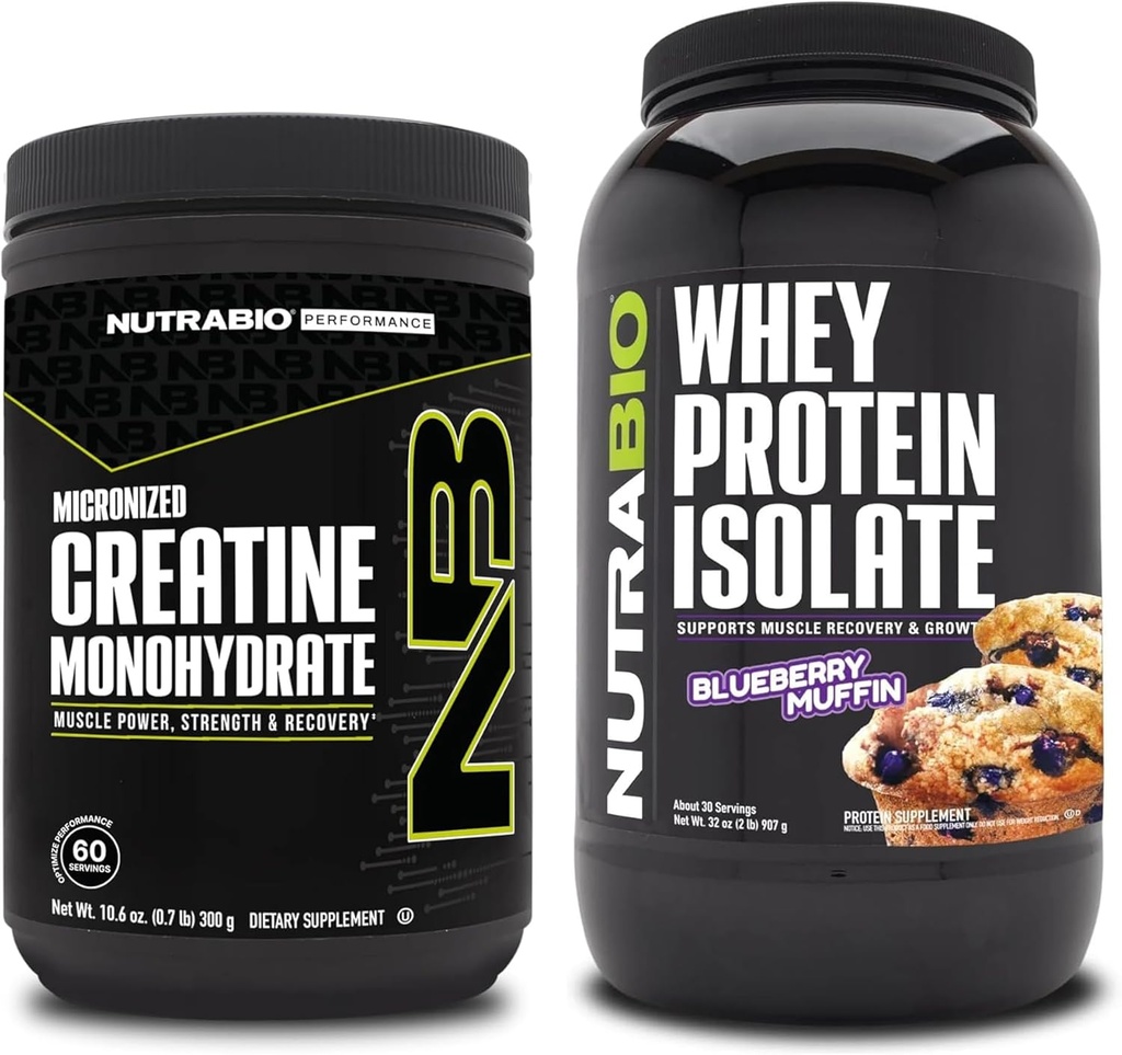 NutraBio Creatine Monohydrate, Unflavored, 300g και Whey Protein Isolate, Blueberry Muffin, συμπλήρωμα Bundle - μυϊκή ενέργεια, Lean μυϊκή ανάπτυξη, ανάκτηση, και δύναμη