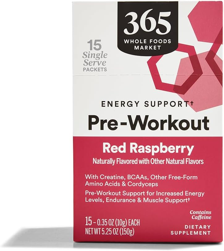 365 από το Whole Foods Market, Προ-Workout Energy Support με καφεΐνη, Single-Serve Packets, Red Raspberry, 15 Count