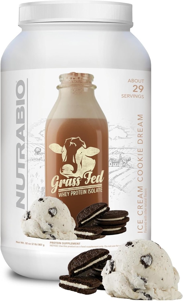 NutraBio Grass Fed Whey Isolate Protein Powder - 25G of Protein Per Scoop - Sugar Free Natural Lean Muscle Protein Supplement - Ice Cream Cookie Dream - 2 Pounds, 29 Servings