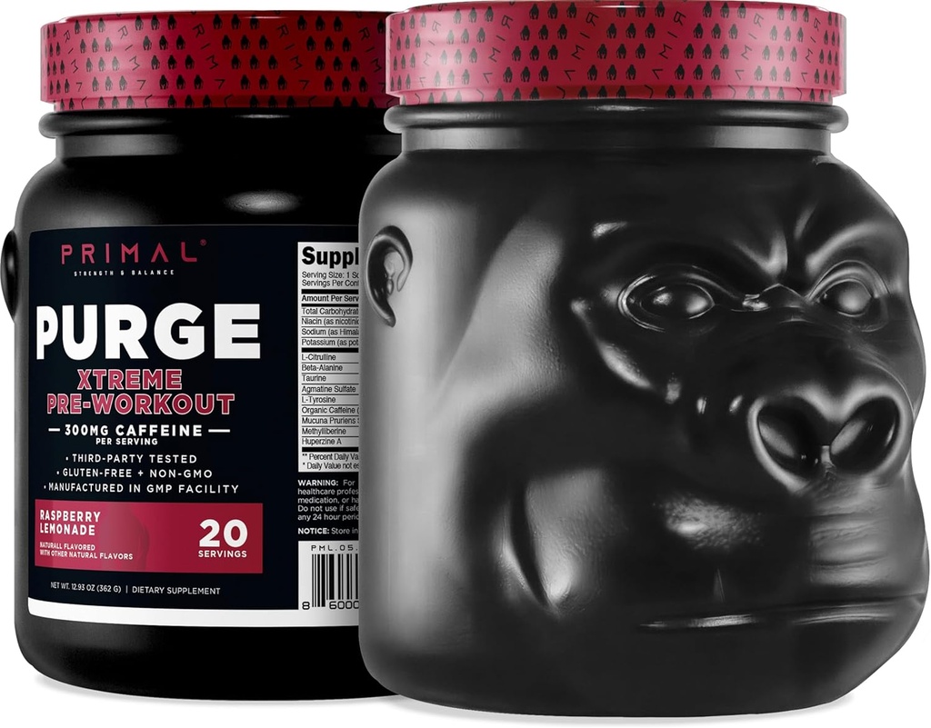 Primal Purge Xtreme Pre-Workout (Γεύση Λεμονάδας Raspberry) (20 υπηρεσίες) - Χωρίς γλουτένη + μη ΓΤΟ