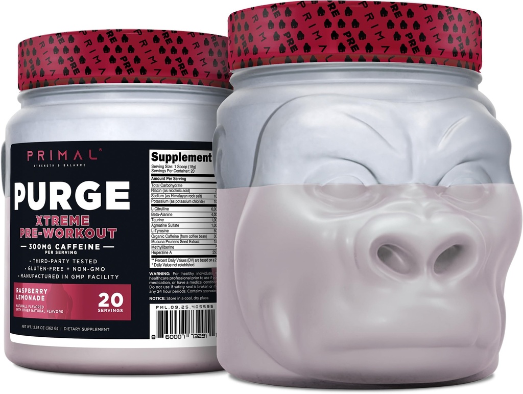 Primal Purge Xtreme Pre-Workout (Γεύση Λεμονάδας Raspberry) (20 υπηρεσίες) - Χωρίς γλουτένη + μη ΓΤΟ