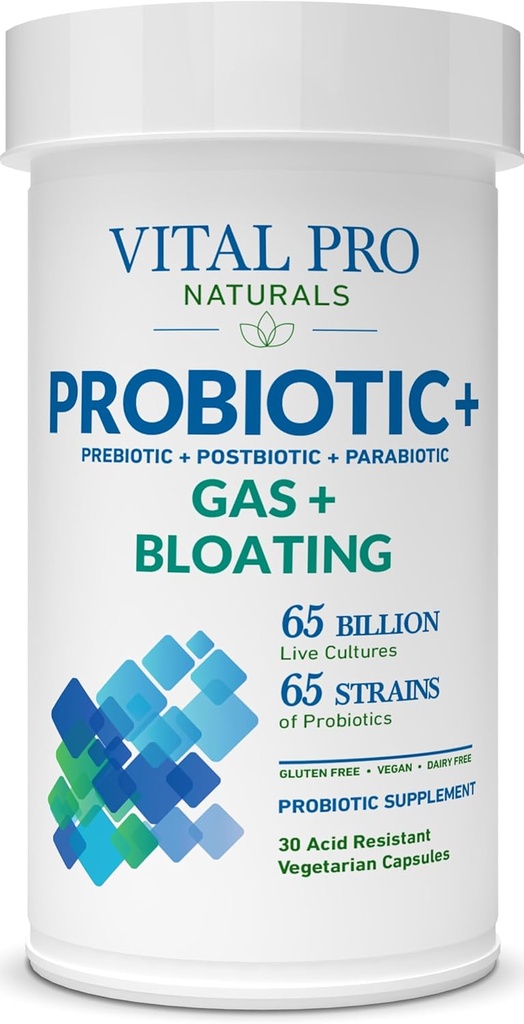 Vital Pro Naturals - Αέριο & Αίμα Προβιοτικά + Πρεβιοτικά, Μεταβιοτικά, Παραβιοτικά, 4-in-1 Συμπλήρωμα Υγείας για Ενήλικες, Υψηλή Ικανότητα, 65 Στεφάνες, Μια φορά Καθημερινή Πειθαρχία και Ανοσολογική Υποστήριξη, 30 ct