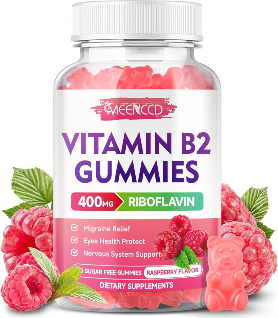 Βιταμίνη B2 Gummies Riboflavin 400mg συμπλήρωμα με μαγνήσιο για παιδιά και ενήλικες, B2 Gummies για την ανακούφιση της ημικρανίας & το νευρικό σύστημα Υποστήριξη, Vegan, χωρίς ζάχαρη, Raspberry Flavor, 60 Count