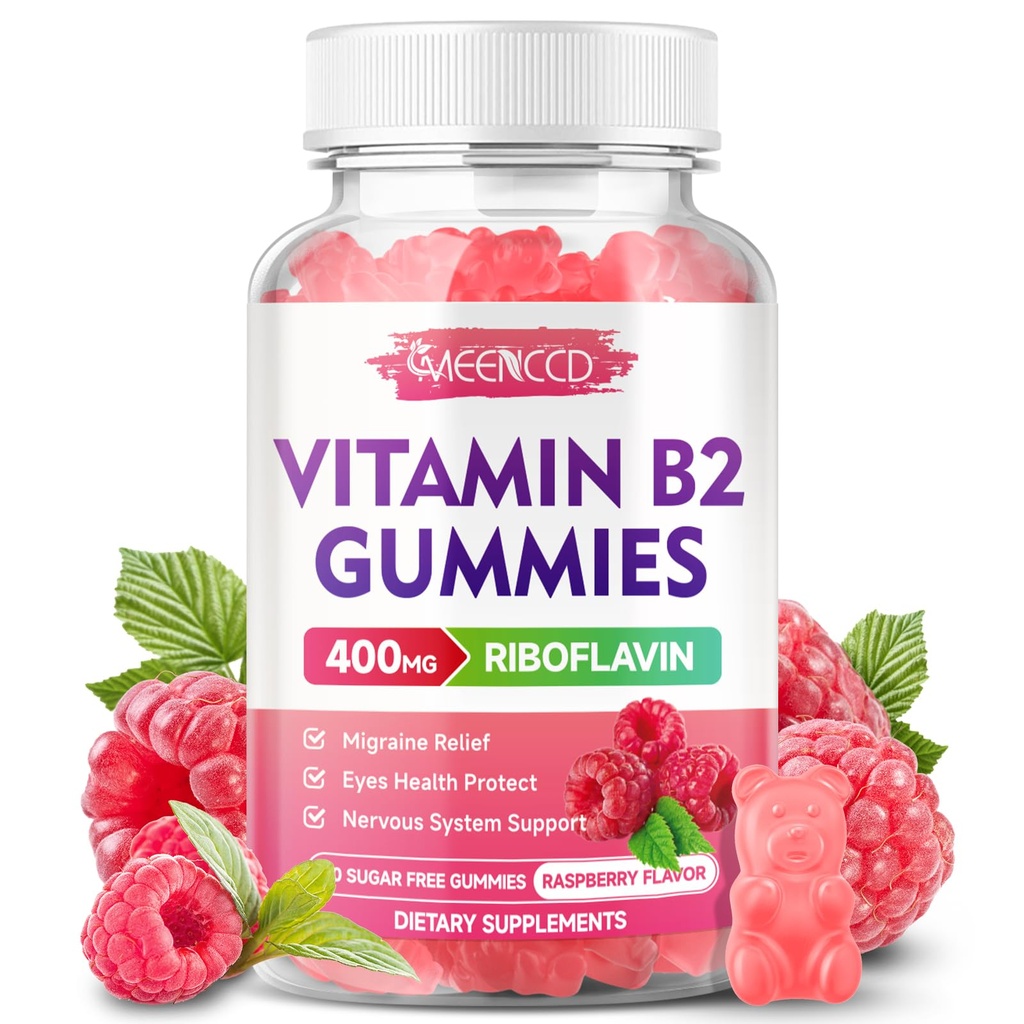 MEENCCD Vitamin B2 Gummies Riboflavin 400mg Supplement with Magnesium for Kids & Adults, B2 Gummies for Migraine Relief & Nervous System Support, Vegan, Sugar-Free, Raspberry Flavor, 60 Count